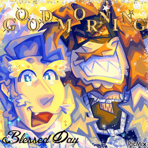 a cartoon drawing of a man and a lion with the words good morning blessed day
