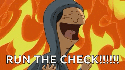 a cartoon character is laughing with the words `` run the check '' .