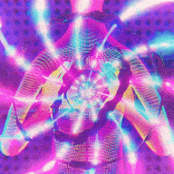 a psychedelic painting of a person holding a sphere