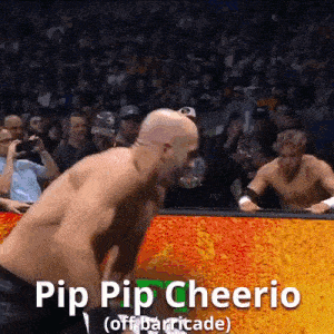 a man without a shirt is jumping in the air with the words pip pip cheerio written below him