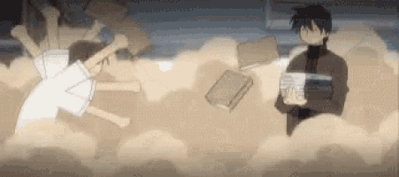 a man and a woman are standing next to each other in a cloudy room .