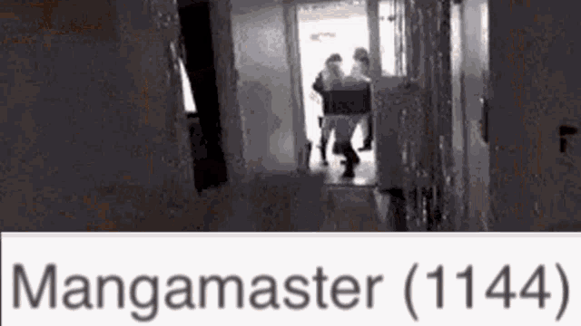 a group of people are walking down a hallway carrying a large box .