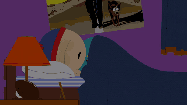 a cartoon character laying in a bed with a picture of a man and a dog on the wall behind him