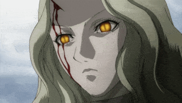 a close up of a woman 's face with blood running down her face