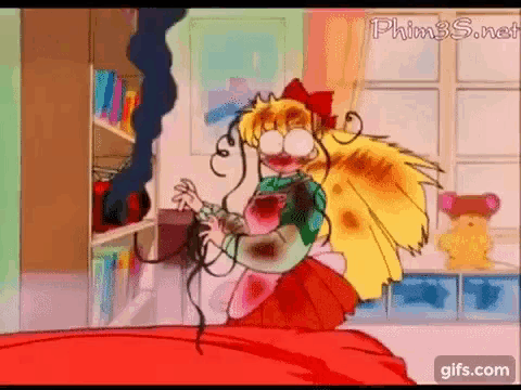 a cartoon girl is standing on a bed in a room holding a bunch of wires .