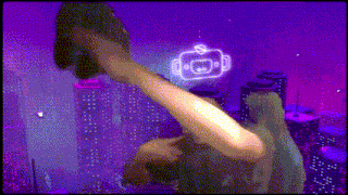 a purple background with a person 's arm reaching out towards a robot