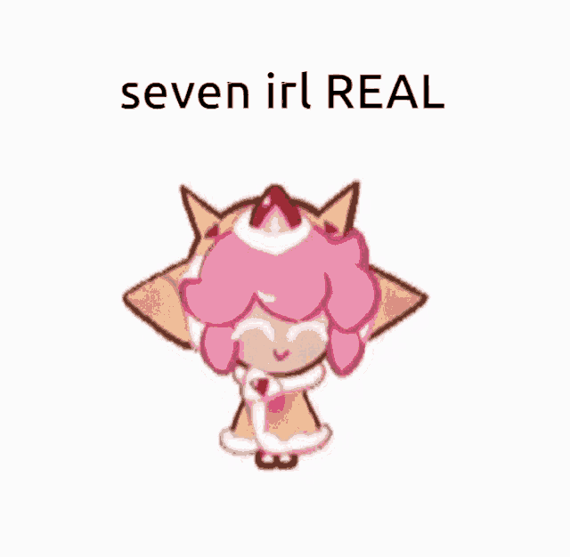 a cookie with a strawberry on her head and the words `` seven irl real '' below it