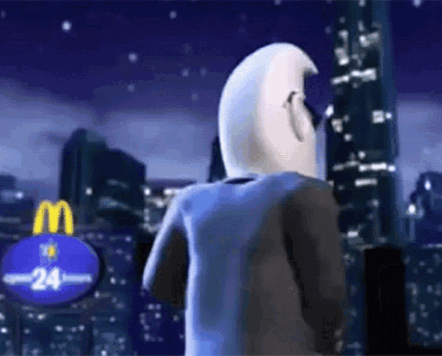 a cartoon character stands in front of a mcdonald 's sign at night