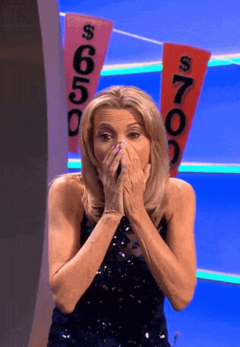 a woman covering her mouth with her hands in front of a sign that says $ 6.50