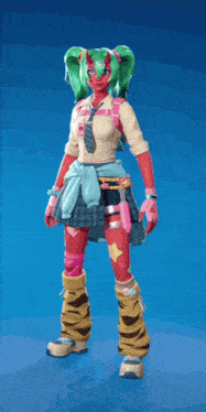 a girl with green hair and red skin is standing with her arms in the air