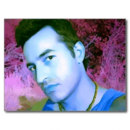 a painting of a man with a blue shirt and a necklace
