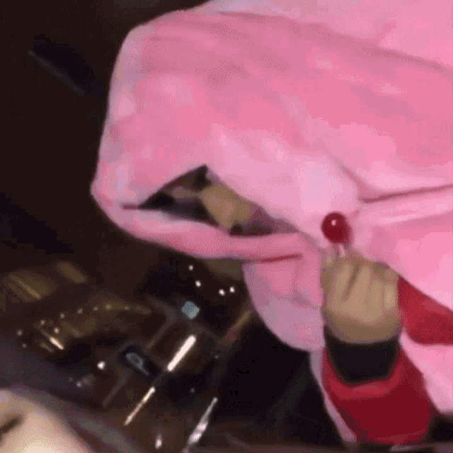 a person wearing a pink hoodie is holding a lollipop .