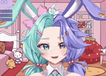 a girl with bunny ears is smiling in front of a sign that says 0:00