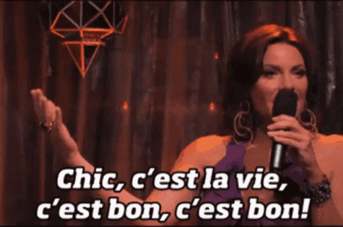 a woman singing into a microphone with the words chic c'est la vie c'est bon c'est bon written below her