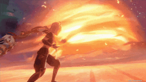 a person is standing in front of a huge fireball