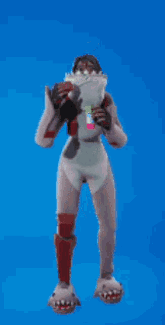 a person in a shark costume is standing on a blue background holding a drink .