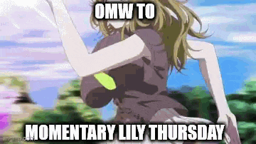 a girl is running in a field with the words `` omw to momentary lily thursday '' .