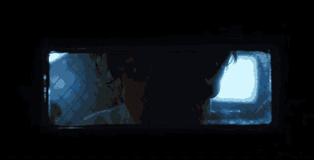 a woman is looking through a window with a bloody hand .