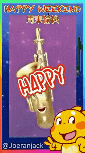 a cartoon of a saxophone with the words happy weekend