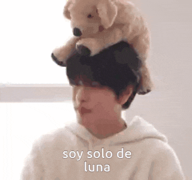a man is holding a teddy bear on his head and says `` soy solo de luna '' .