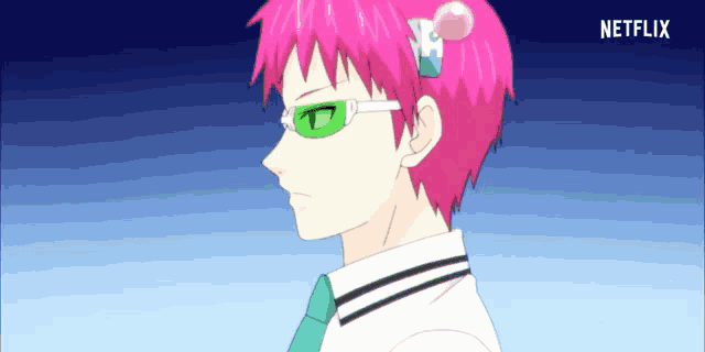 a cartoon character with pink hair and green glasses has a netflix logo on the bottom right