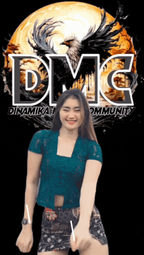 a woman is dancing in front of a logo for dmc
