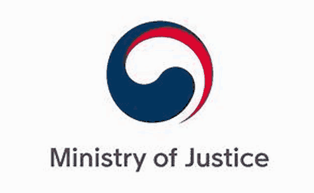 the logo for the ministry of justice is a blue , red , and white circle with a swirl in the middle .