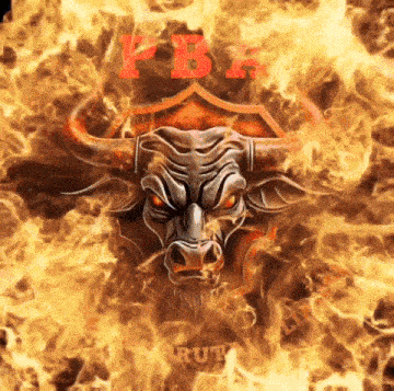 a bull with red eyes is surrounded by flames and the word pba is visible