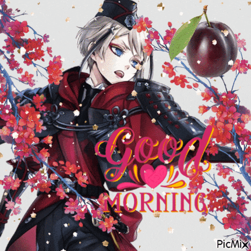 a picture of a man with a plum and the words " good morning "