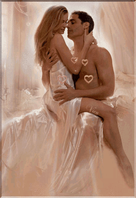 a painting of a man and woman kissing with the name vica on the bottom of the picture