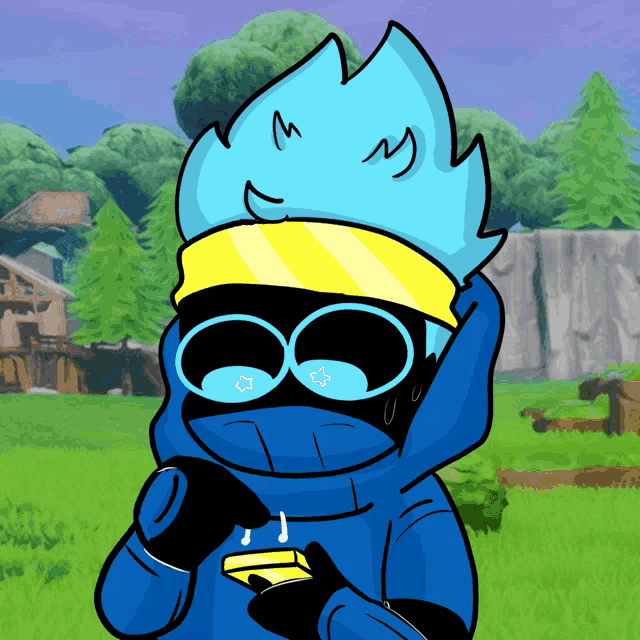 a cartoon character wearing a blue hoodie with a yellow band around his head