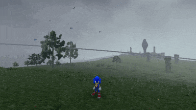 sonic the hedgehog standing in a field with trees in the background