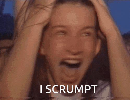 a woman is laughing in a crowd and the words i scrumpt are visible in the background