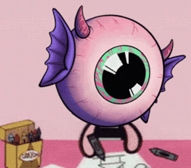 a cartoon drawing of a monster with horns and wings