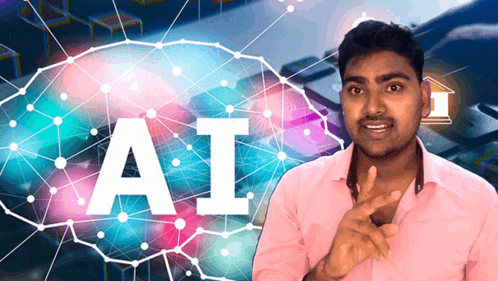 a man in a pink shirt stands in front of a screen that says " ai "