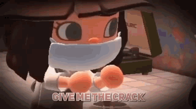 a cartoon character is wearing a mask and holding a pair of boxing gloves and says give me the crack .