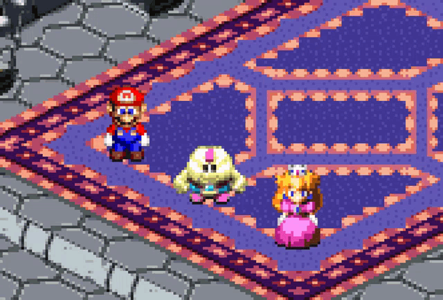 mario and princess peach are standing on a purple rug