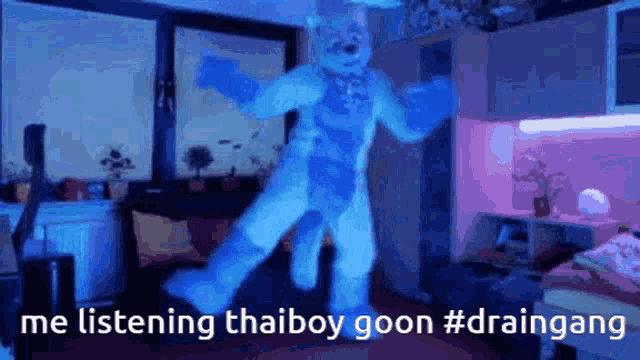 a person in a furry costume is dancing in a room with purple lights .