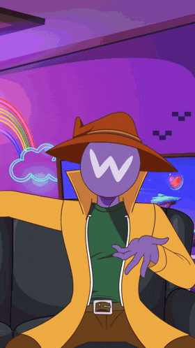a cartoon character with a hat and a letter w on his face