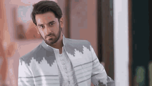 a man with a beard is wearing a grey and white striped jacket