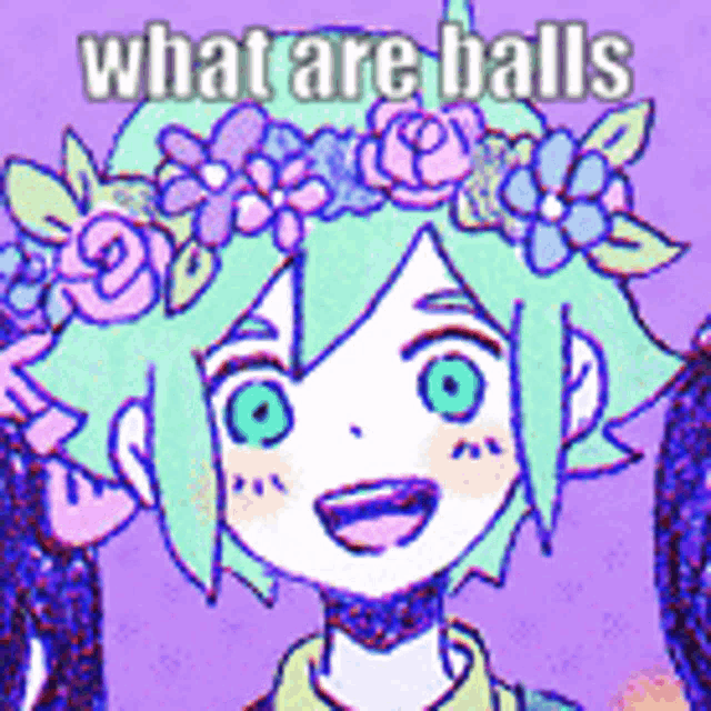 a cartoon girl with a flower crown on her head is smiling and says `` what are balls '' .