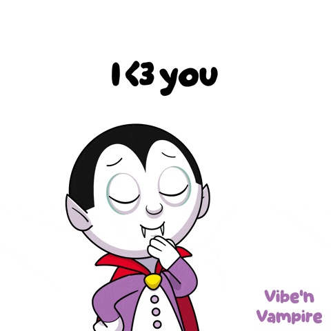 a cartoon vampire says i < 3 you with a heart in the background