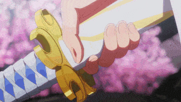a close up of a person holding a sword with a pink background