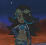 a cartoon girl with long black hair and blue highlights is wearing goggles