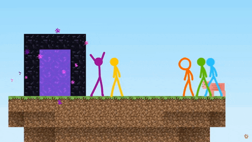a group of stick figures stand in front of a purple portal