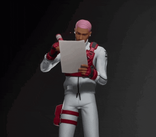 a man with pink hair holds a piece of paper