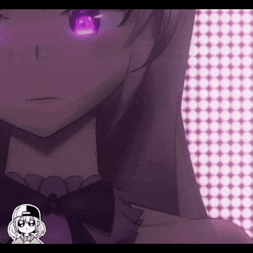 a close up of a girl with purple eyes and a hat on