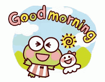 a cartoon frog says good morning with a bird