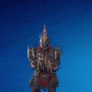 a knight in armor is dancing with his arms outstretched in front of a blue background