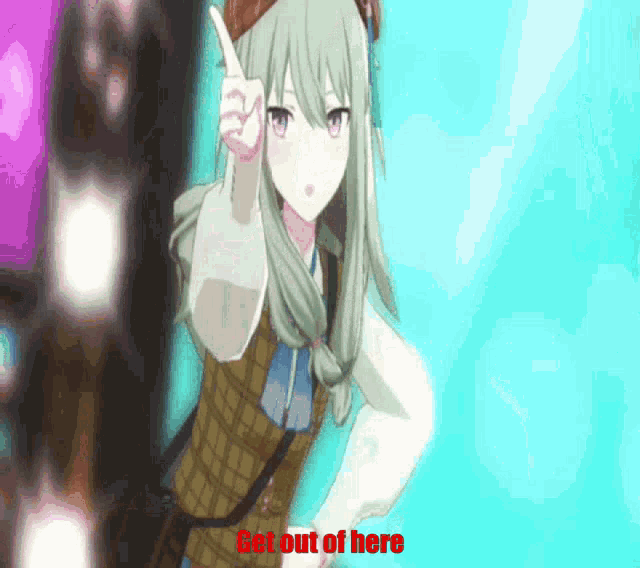 a girl in a plaid vest is pointing up with the words get out of here below her